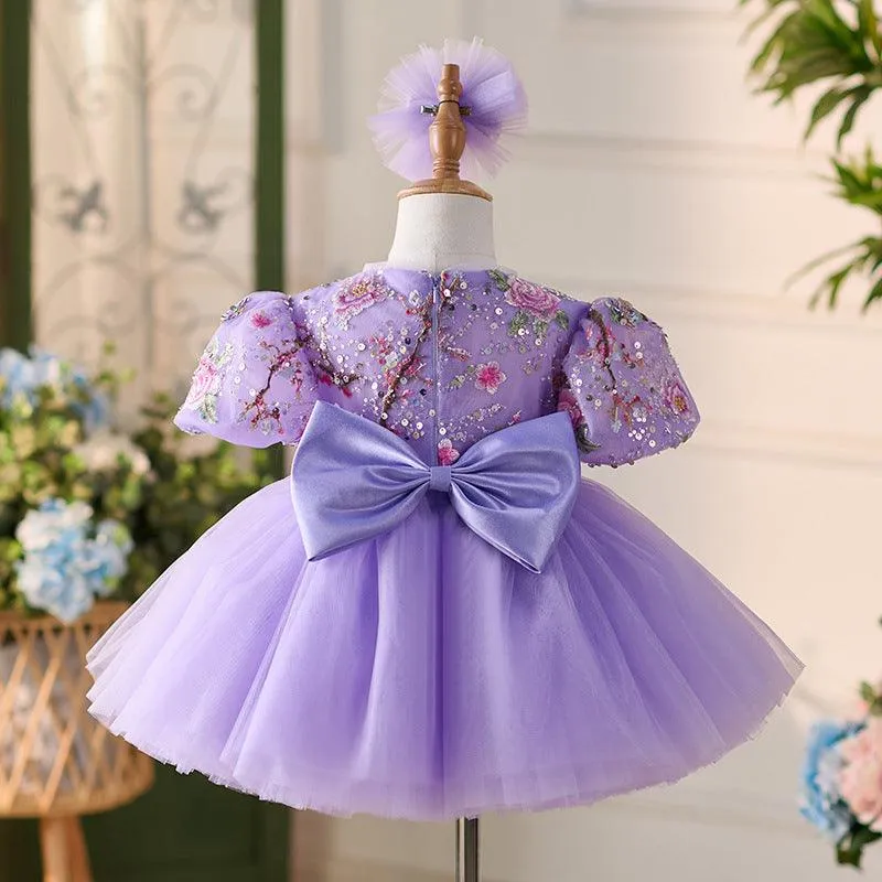 2 pcs Headdress Dress Embroidered puffed sleeve baby birthday party princess dress