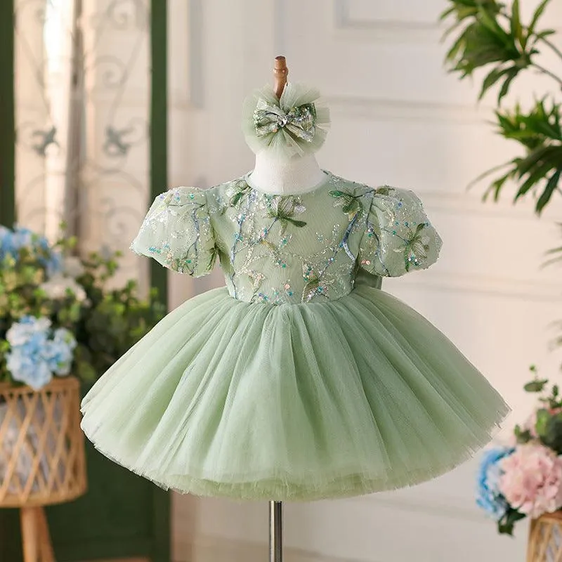 2 pcs Headdress Dress Embroidered puffed sleeve baby birthday party princess dress