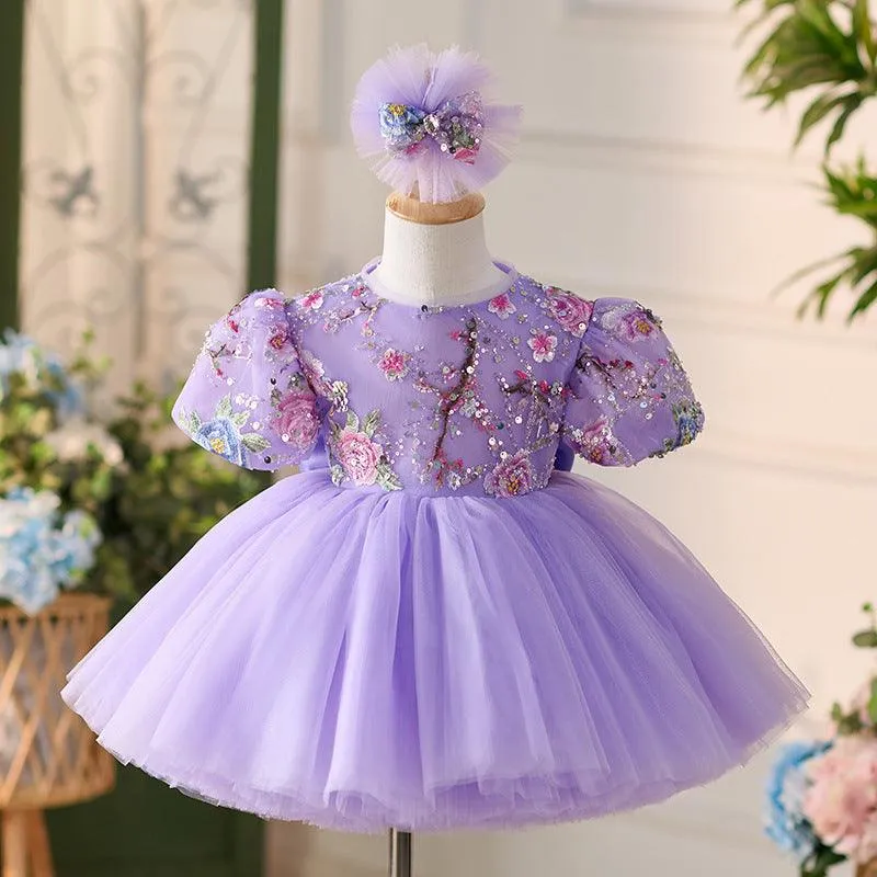 2 pcs Headdress Dress Embroidered puffed sleeve baby birthday party princess dress