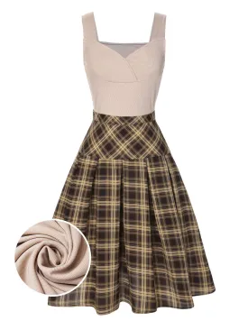 2PCS 1950s Beige Knitted Top & Plaid Pleated Skirt