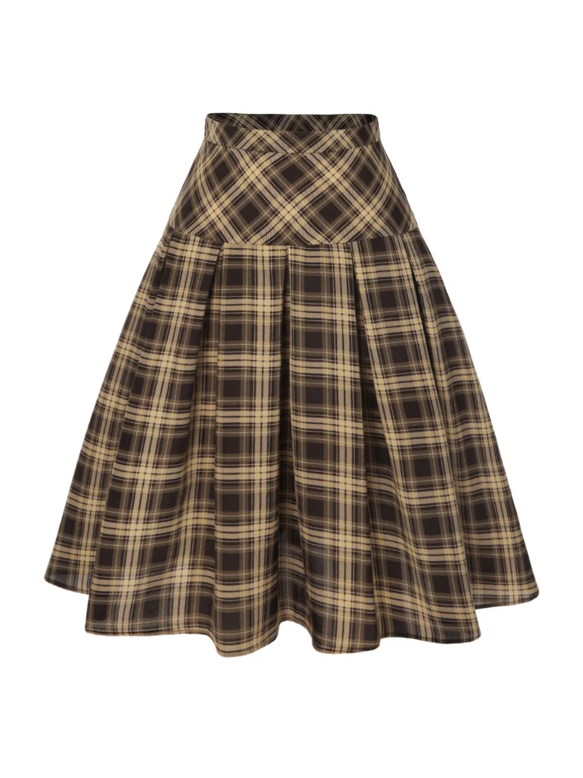 2PCS 1950s Beige Knitted Top & Plaid Pleated Skirt