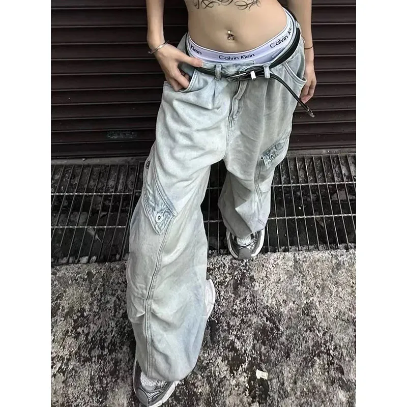 Aiertu Blue Women Jeans High Waist Vintage Straight Baggy Denim Pants Streetwear American Design Sense Fashion Wide Leg Denim Trouser