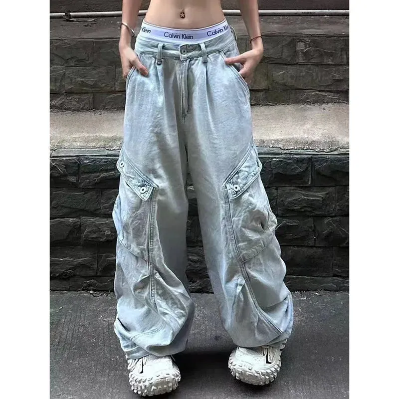 Aiertu Blue Women Jeans High Waist Vintage Straight Baggy Denim Pants Streetwear American Design Sense Fashion Wide Leg Denim Trouser