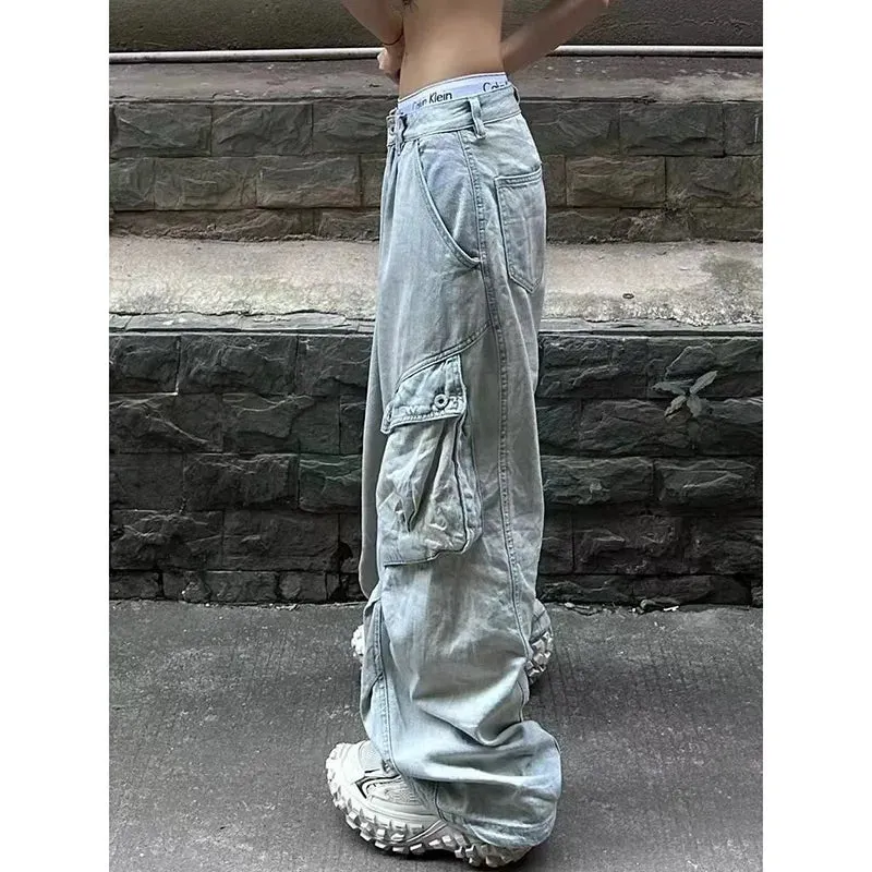 Aiertu Blue Women Jeans High Waist Vintage Straight Baggy Denim Pants Streetwear American Design Sense Fashion Wide Leg Denim Trouser