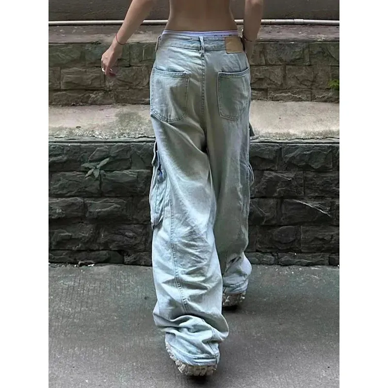 Aiertu Blue Women Jeans High Waist Vintage Straight Baggy Denim Pants Streetwear American Design Sense Fashion Wide Leg Denim Trouser