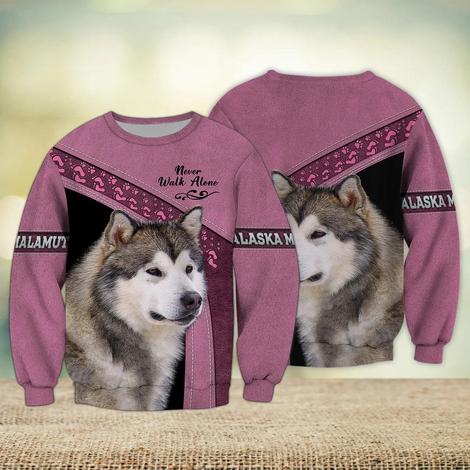 Alaska Malamute Grey and Pink Love Never Walk Alone 3D Full Print Sweatshirt