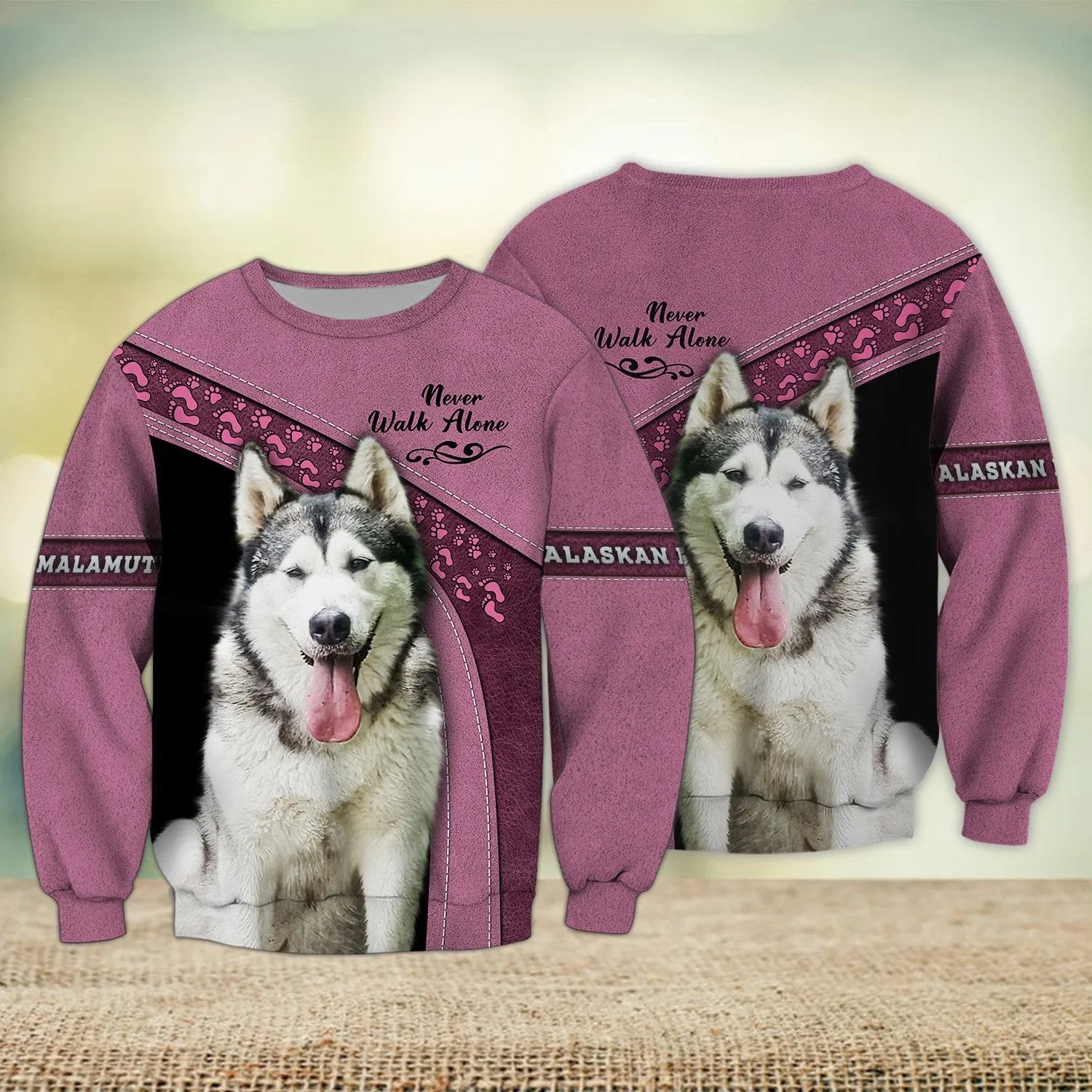 Alaska Malamute Grey and Pink Love Never Walk Alone 3D Full Print Sweatshirt