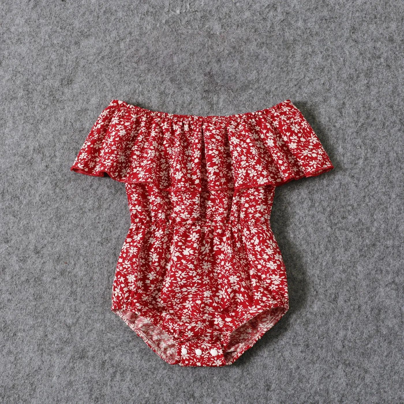 All Over Red Floral Print Short-sleeve Shirred Dress for Mommy and Me