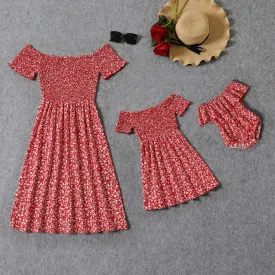 All Over Red Floral Print Short-sleeve Shirred Dress for Mommy and Me