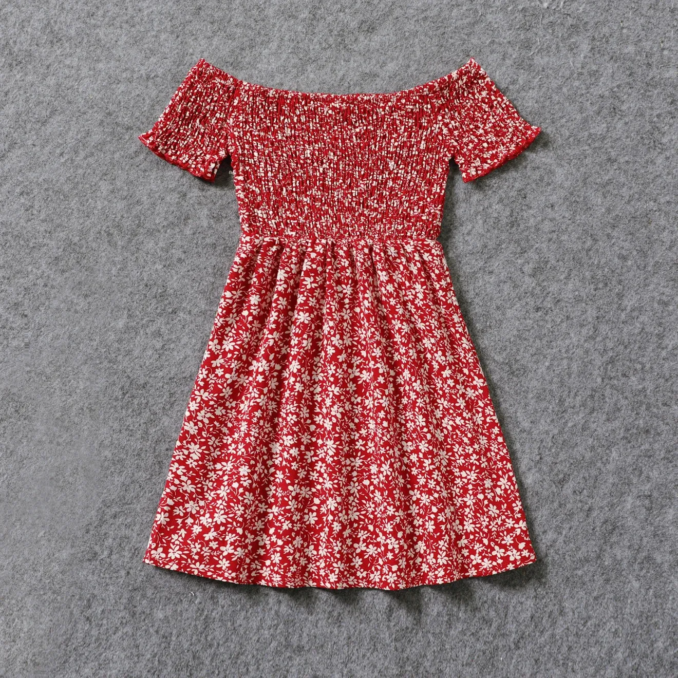 All Over Red Floral Print Short-sleeve Shirred Dress for Mommy and Me