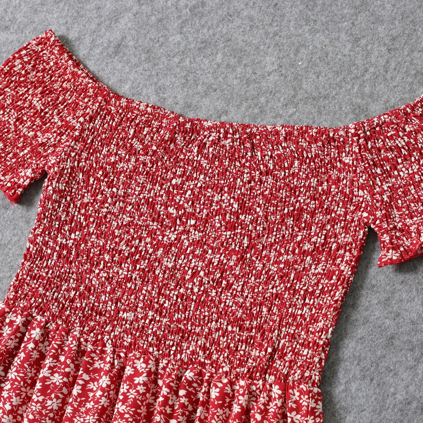 All Over Red Floral Print Short-sleeve Shirred Dress for Mommy and Me