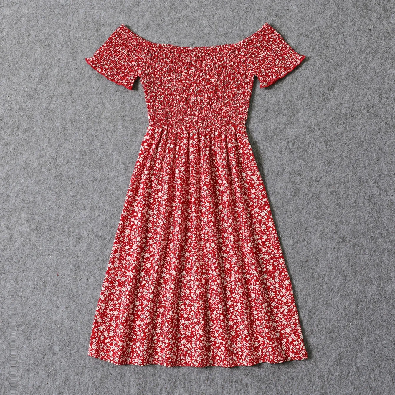 All Over Red Floral Print Short-sleeve Shirred Dress for Mommy and Me