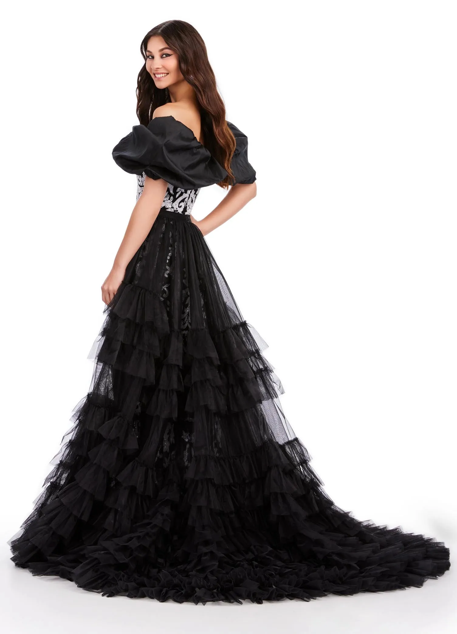 Ashley Lauren 11602 Ruffle Tulle Detachable Overskirt Layer Ruffle Pageant Skirt Train Formal