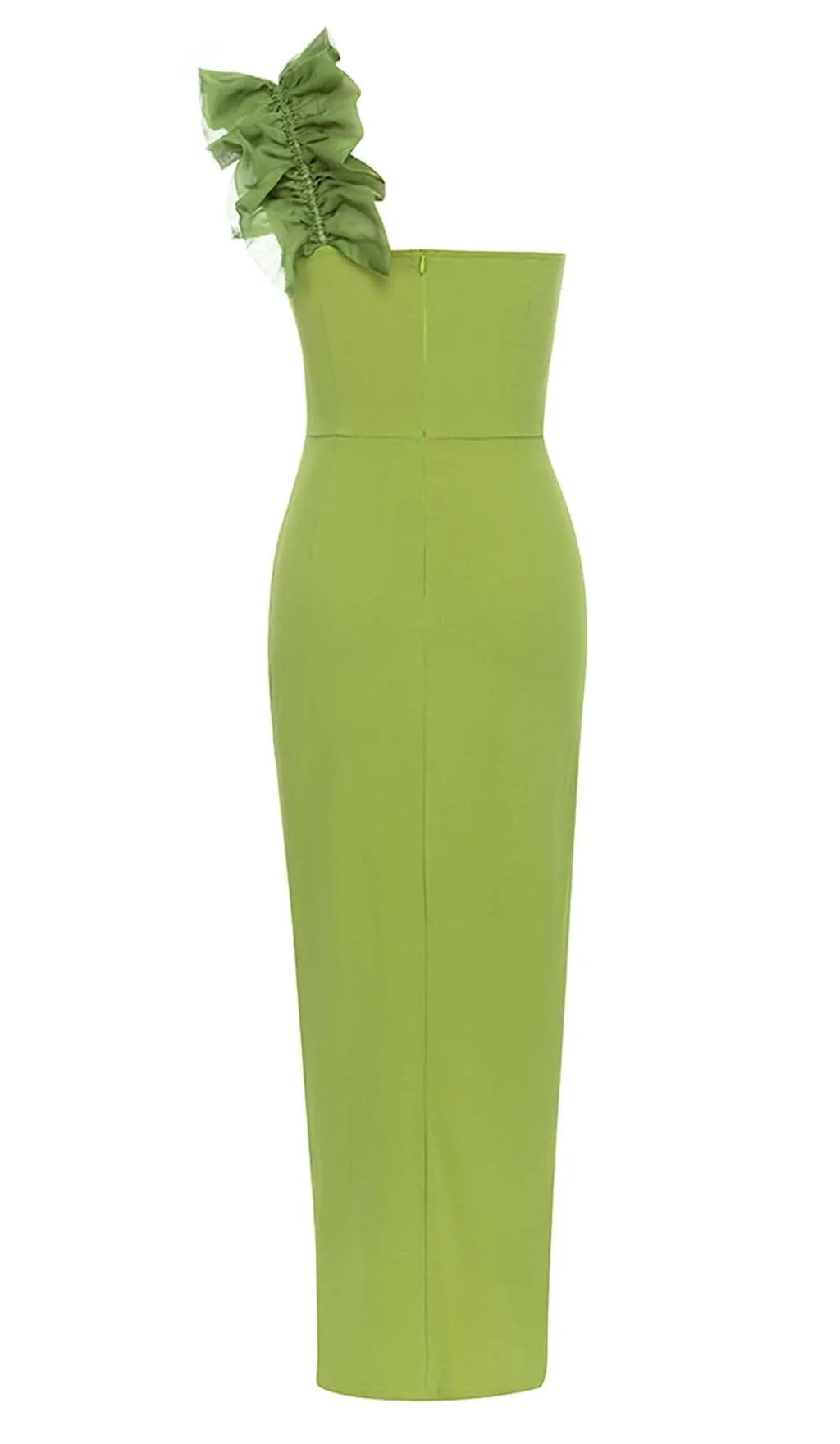 ASYMMETRICAL NECK SPLIT THIGH MIDI DRESS IN GREEN