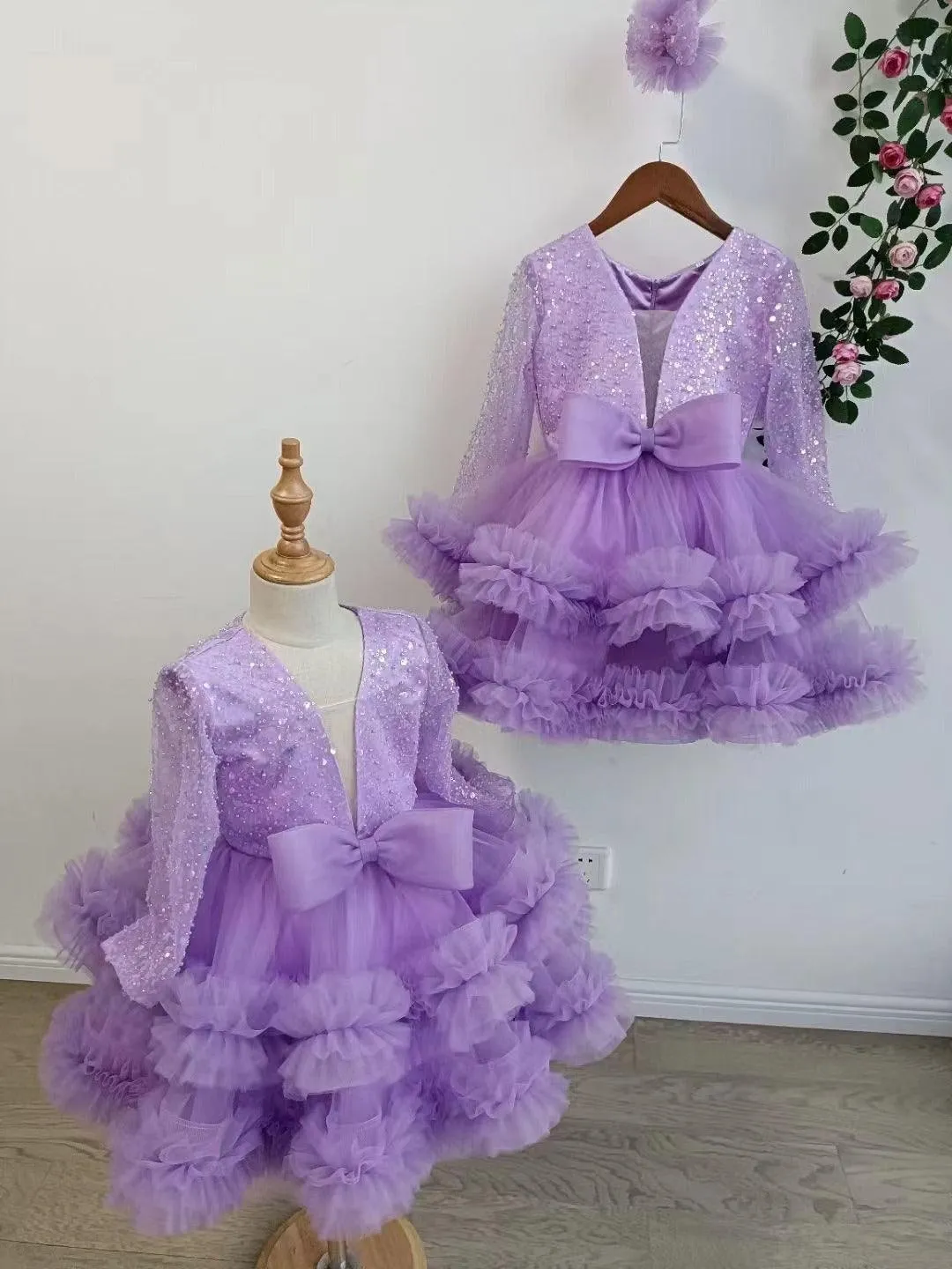 Baby deep V Princess birthday party dress purple and white