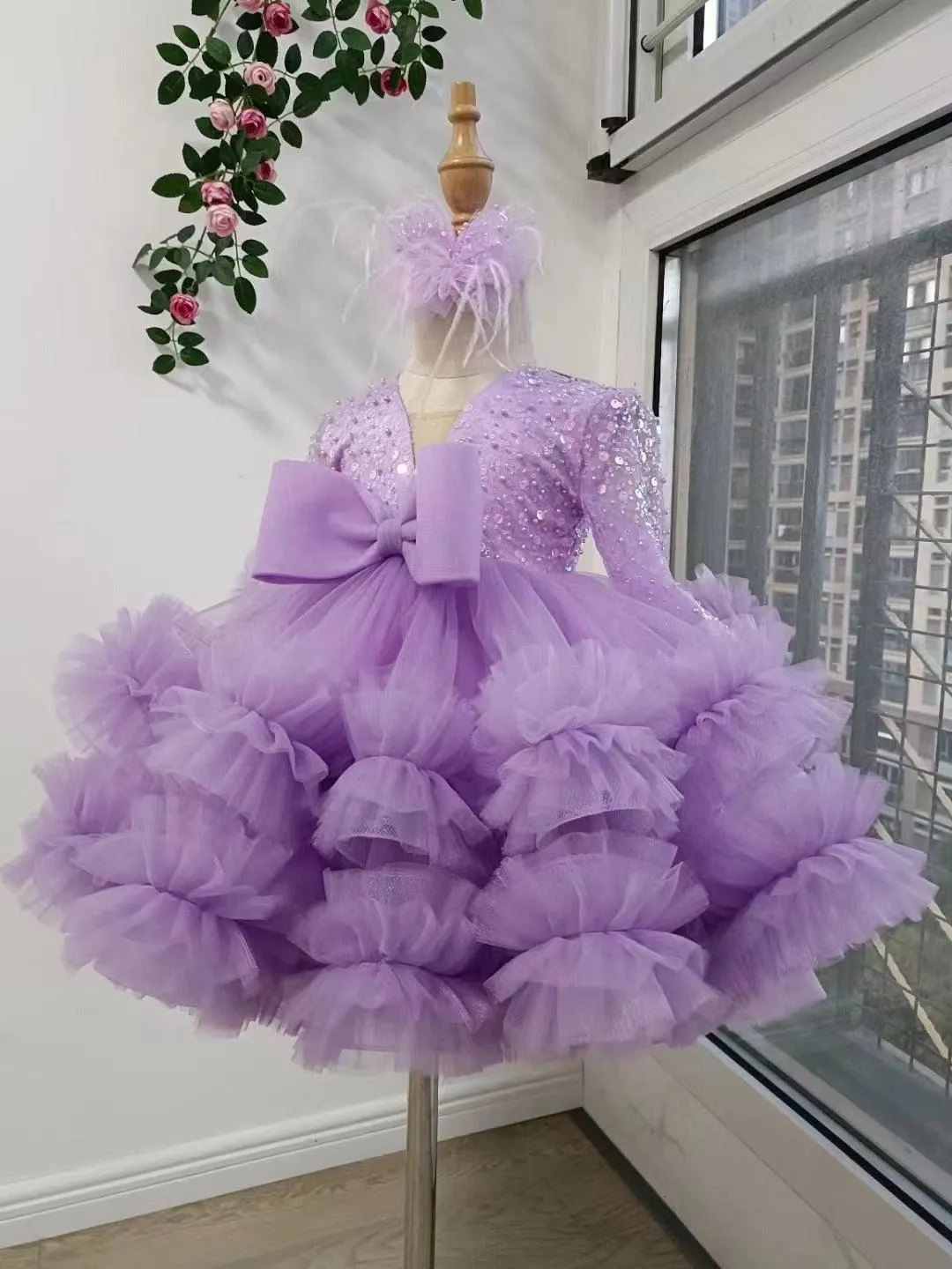 Baby deep V Princess birthday party dress purple and white