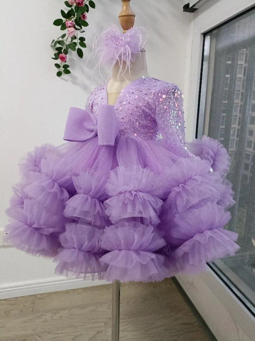 Baby deep V Princess birthday party dress purple and white