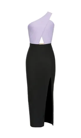 BANDAGE ONE-SHOULDER THIGH SLIT DRESS IN PURPLE