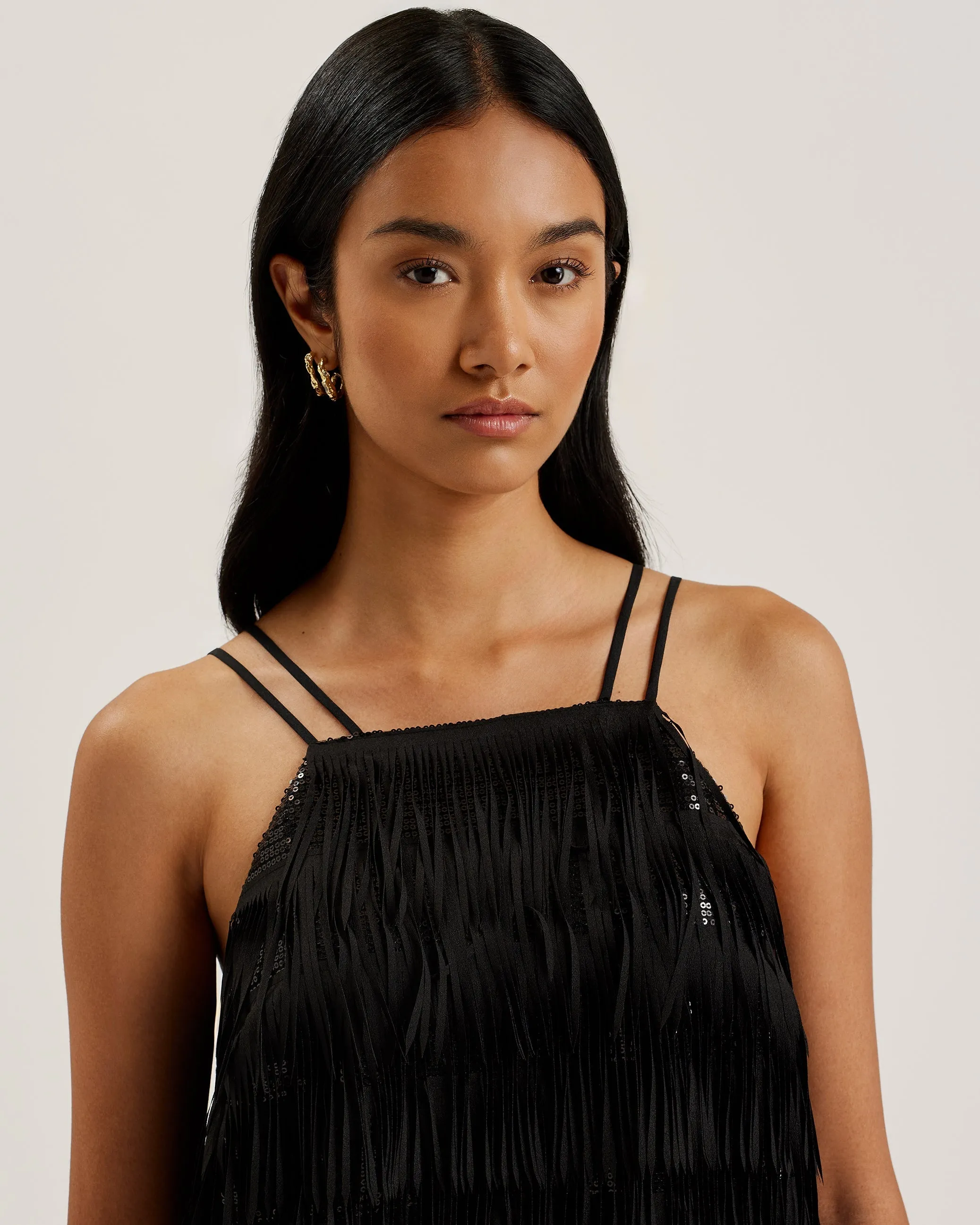 Bartin Fringe Halter Neck Mini Dress Black