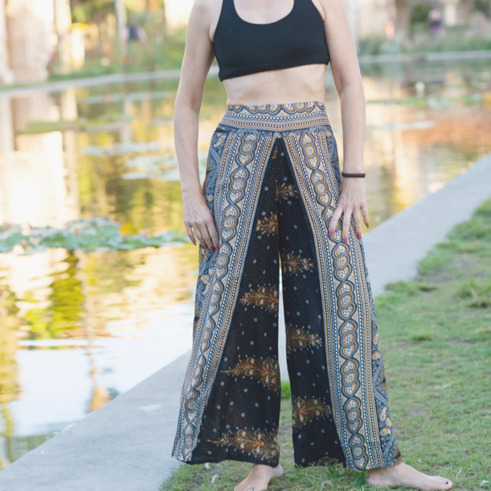 Black and Gold Feather Design Open Leg Pants