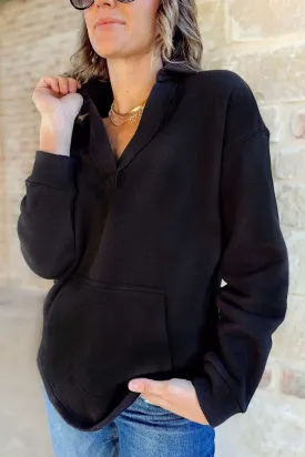 Black Plain V Neck Collared Pocketed Sweatshirt - Chic Comfort