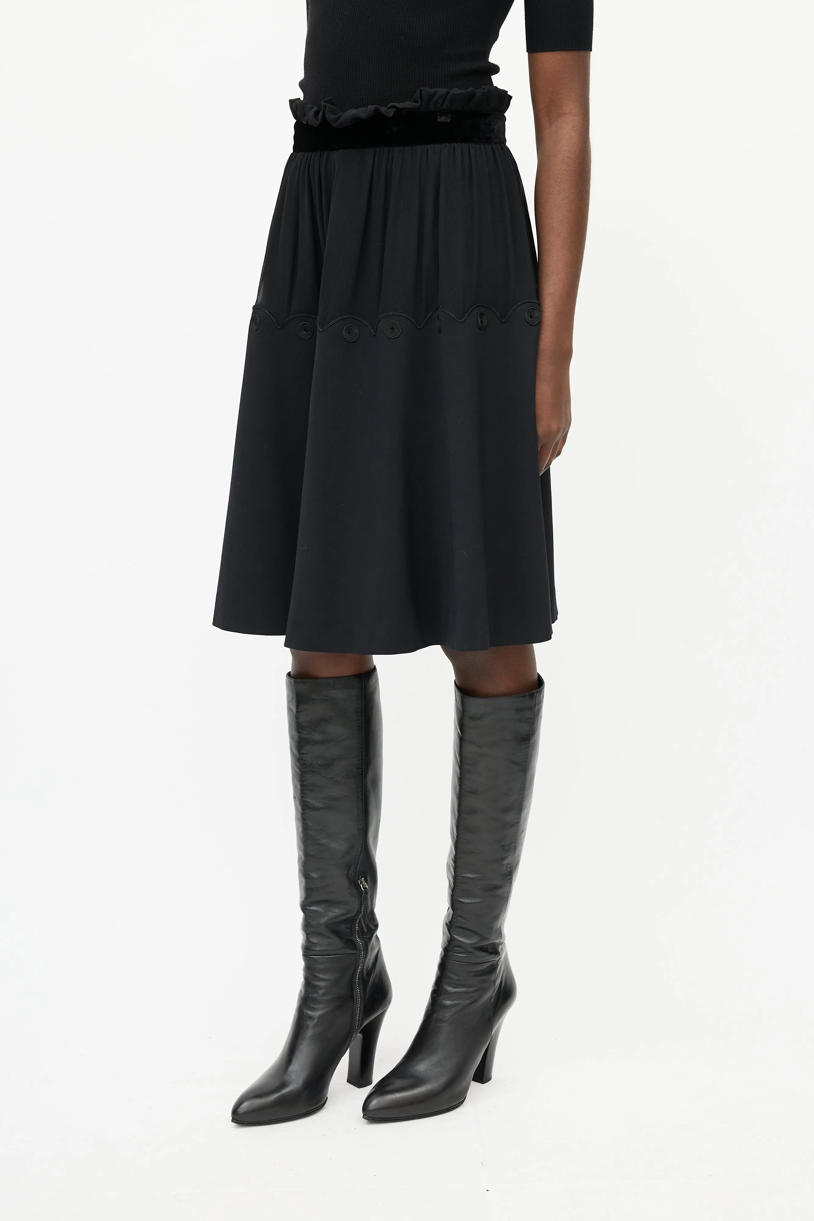 Black Silk A-Line Midi Skirt