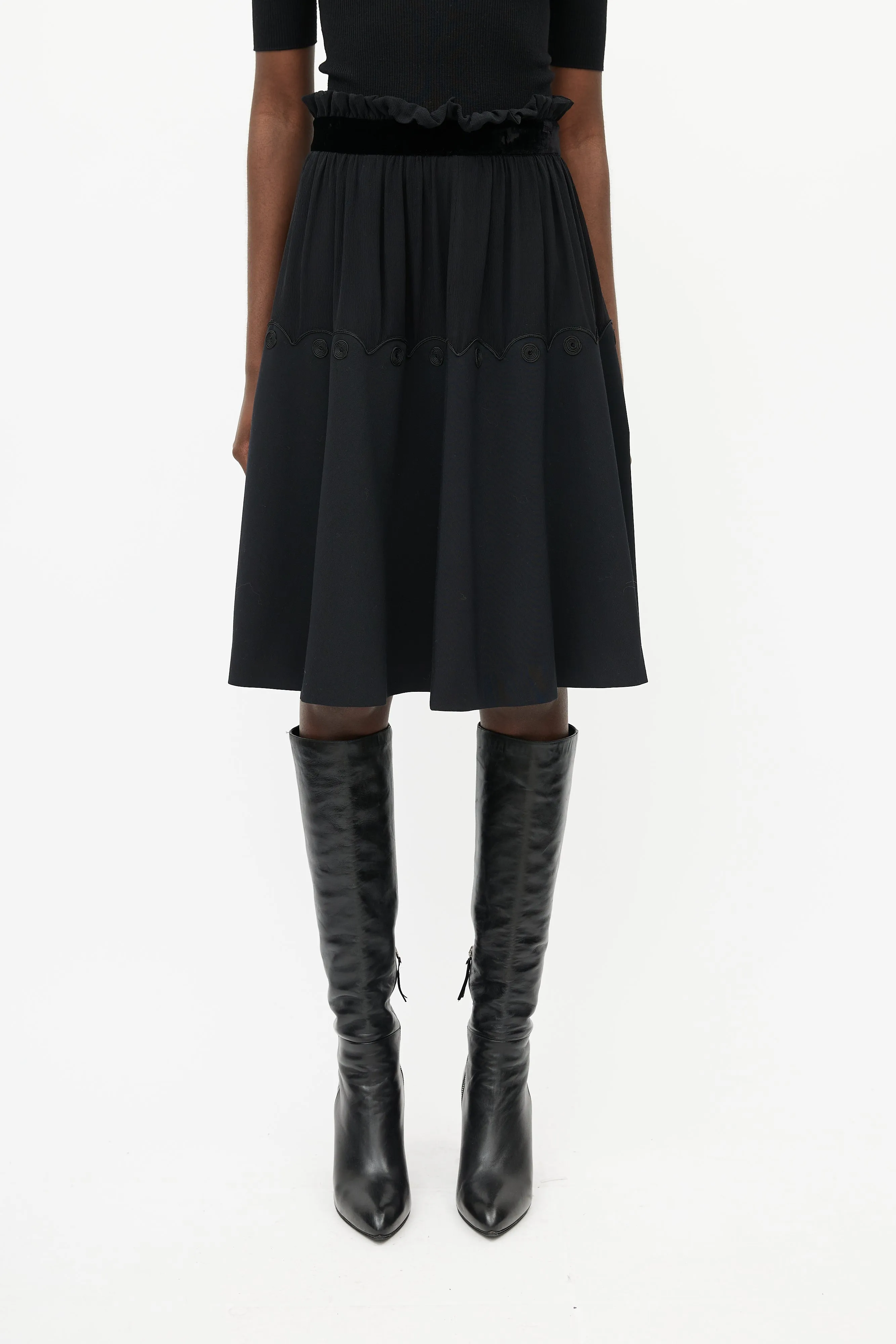 Black Silk A-Line Midi Skirt