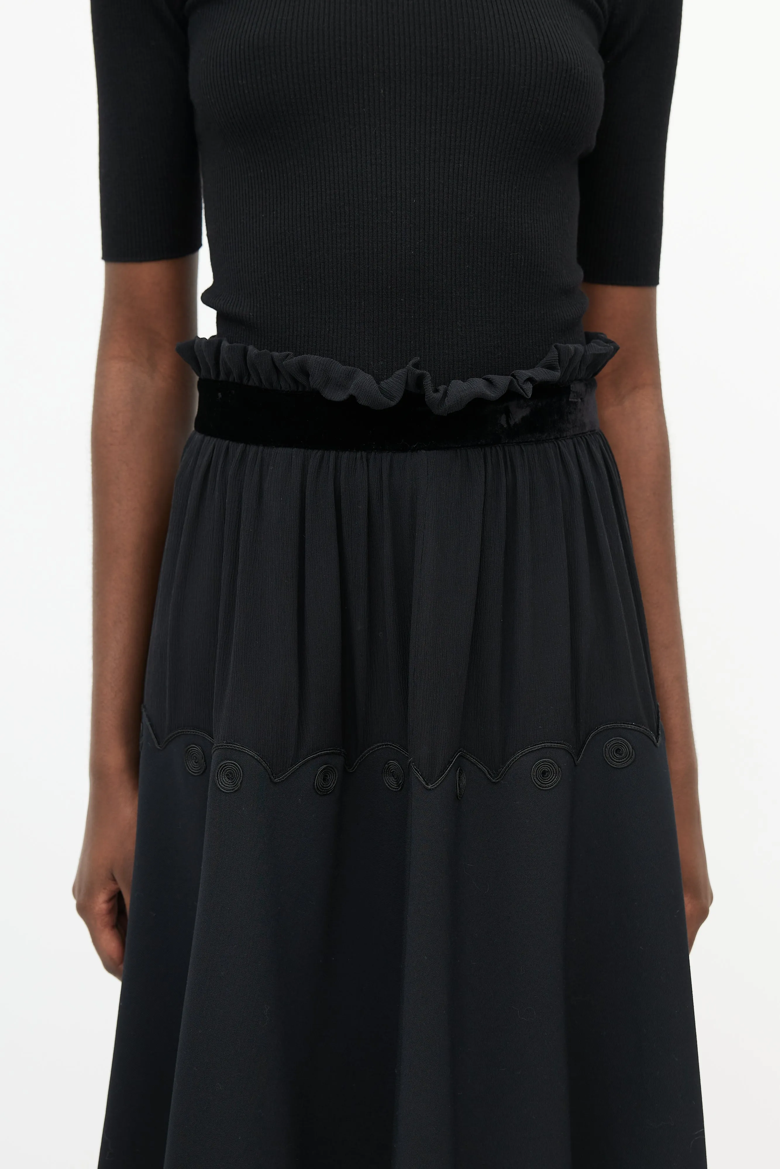 Black Silk A-Line Midi Skirt