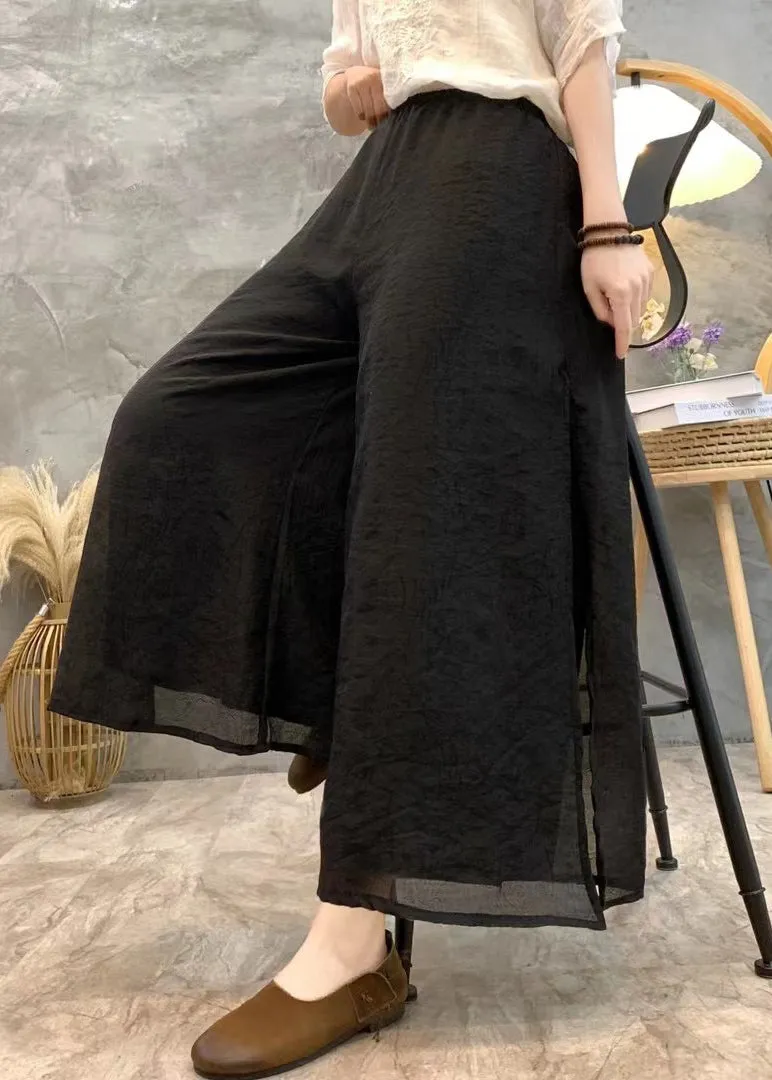 Black Solid Linen Summer Wide Leg Pants High Waist AU1069