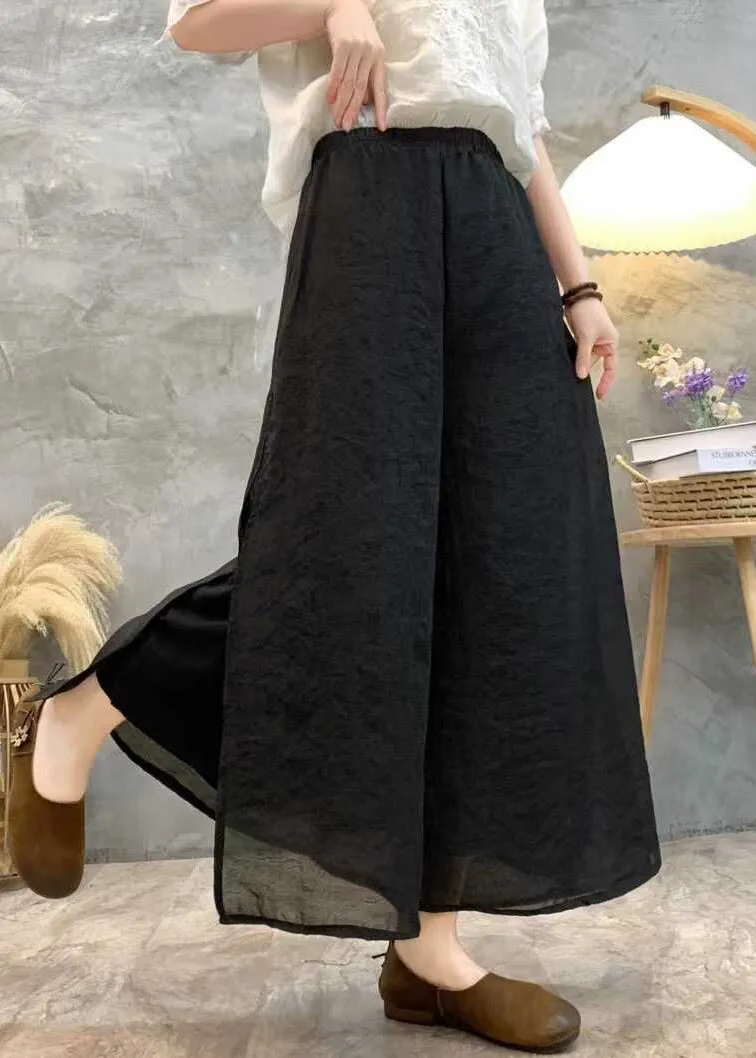 Black Solid Linen Summer Wide Leg Pants High Waist AU1069