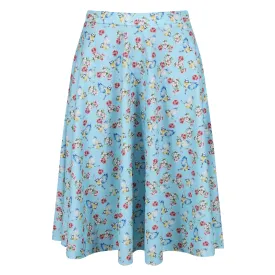 Blue Bird Floral Print 1950s Vintage Rockabilly Swing Skirt