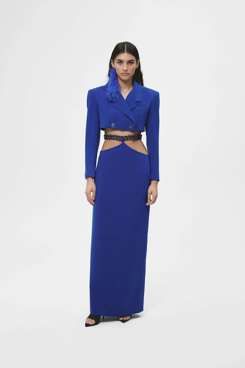 BLUE CUT-OUT MIDI SKIRT WITH CHAINS