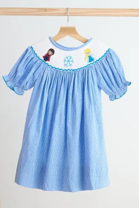 Blue snow princess hand smocked gingham dress