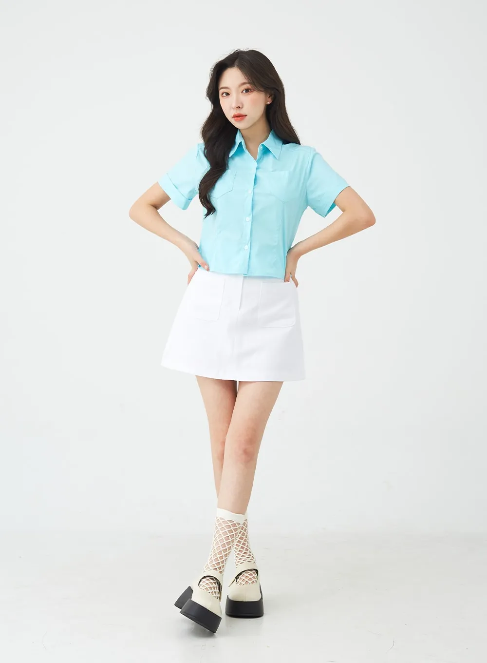 Button A-Line Cotton Mini Skirt BG08