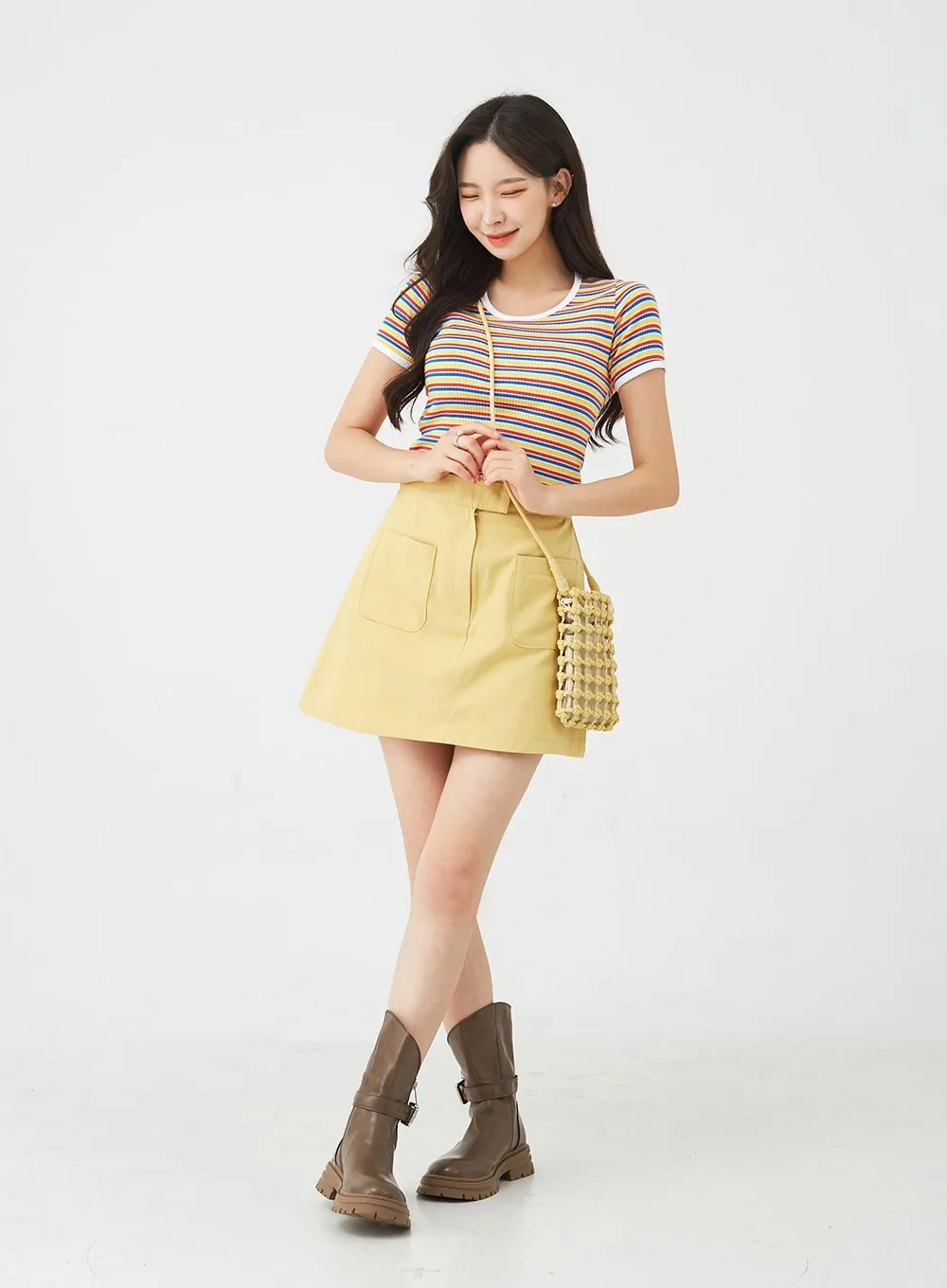 Button A-Line Cotton Mini Skirt BG08