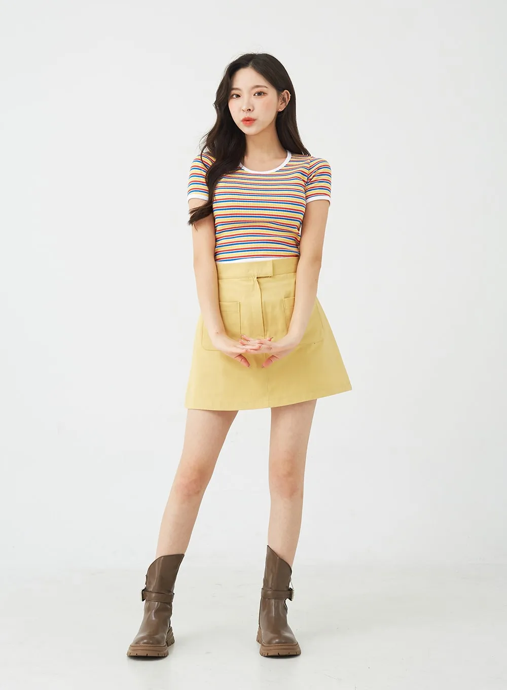 Button A-Line Cotton Mini Skirt BG08