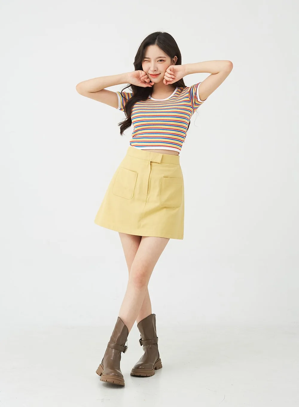 Button A-Line Cotton Mini Skirt BG08