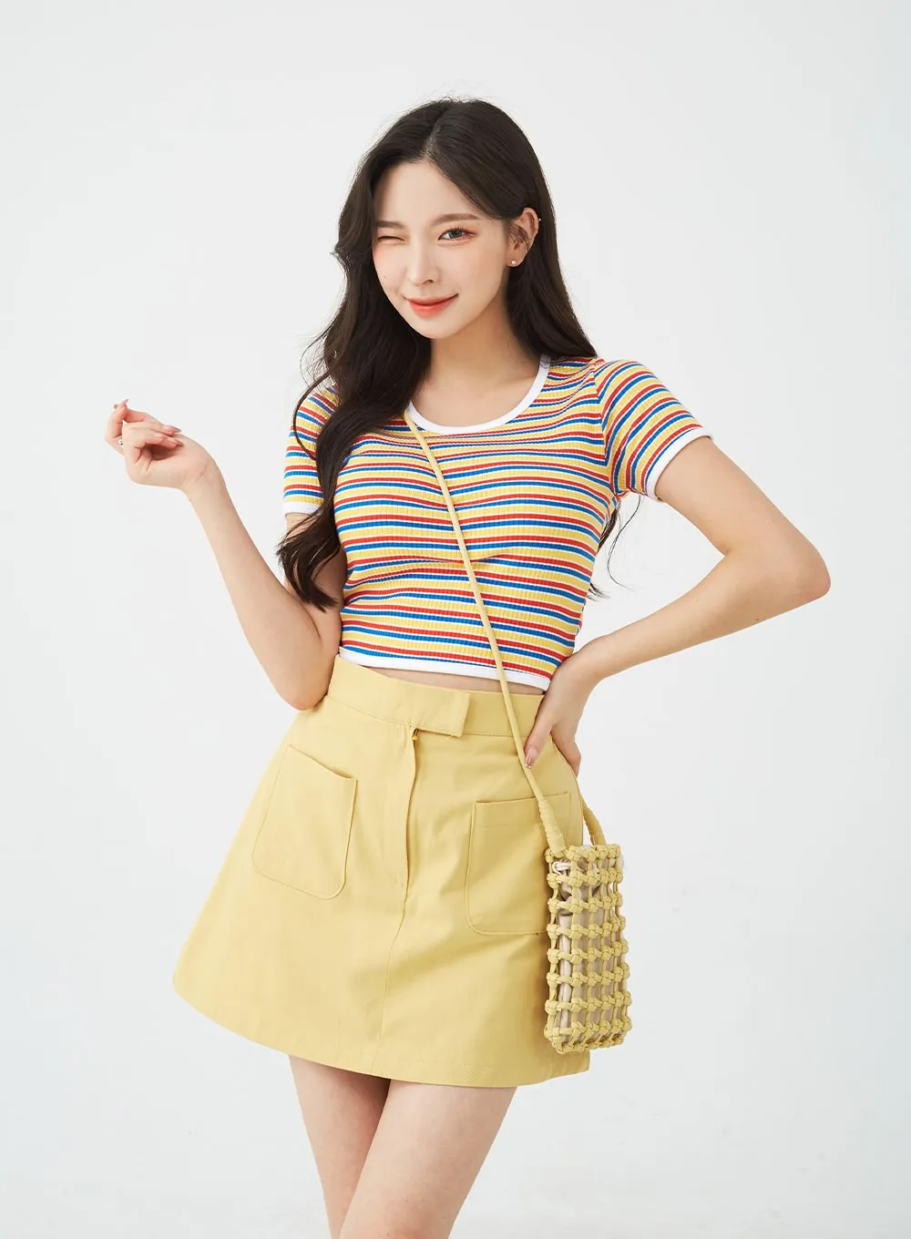 Button A-Line Cotton Mini Skirt BG08