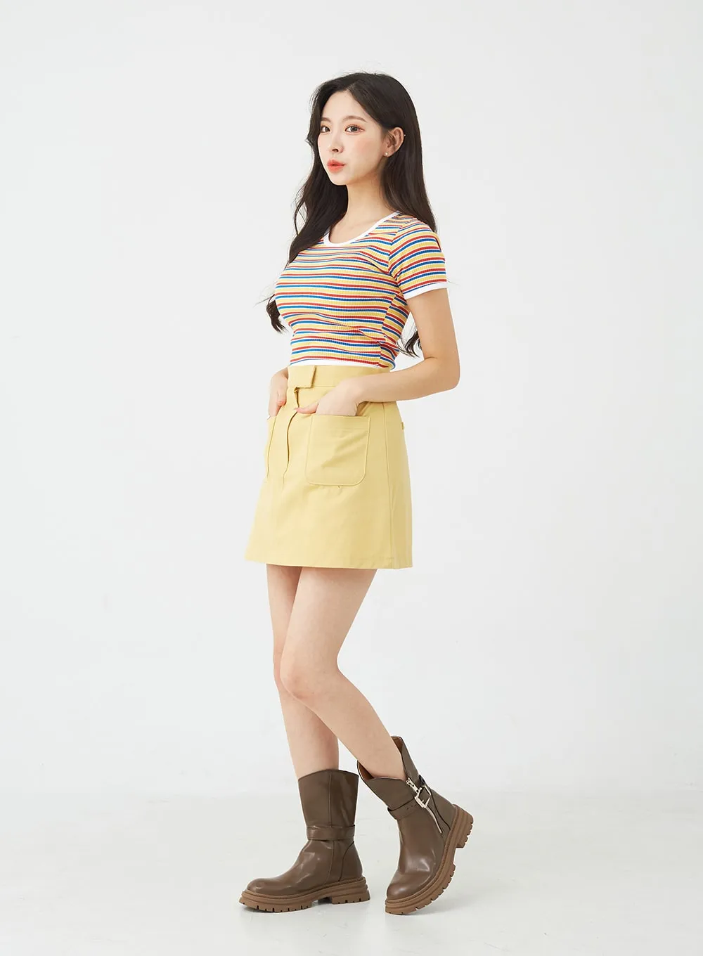 Button A-Line Cotton Mini Skirt BG08