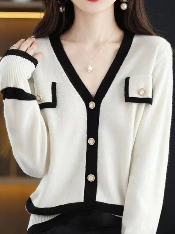 Buttoned Long Sleeves Loose V-Neck Knitwear Cardigan Tops