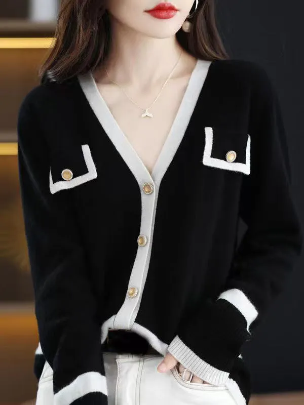 Buttoned Long Sleeves Loose V-Neck Knitwear Cardigan Tops