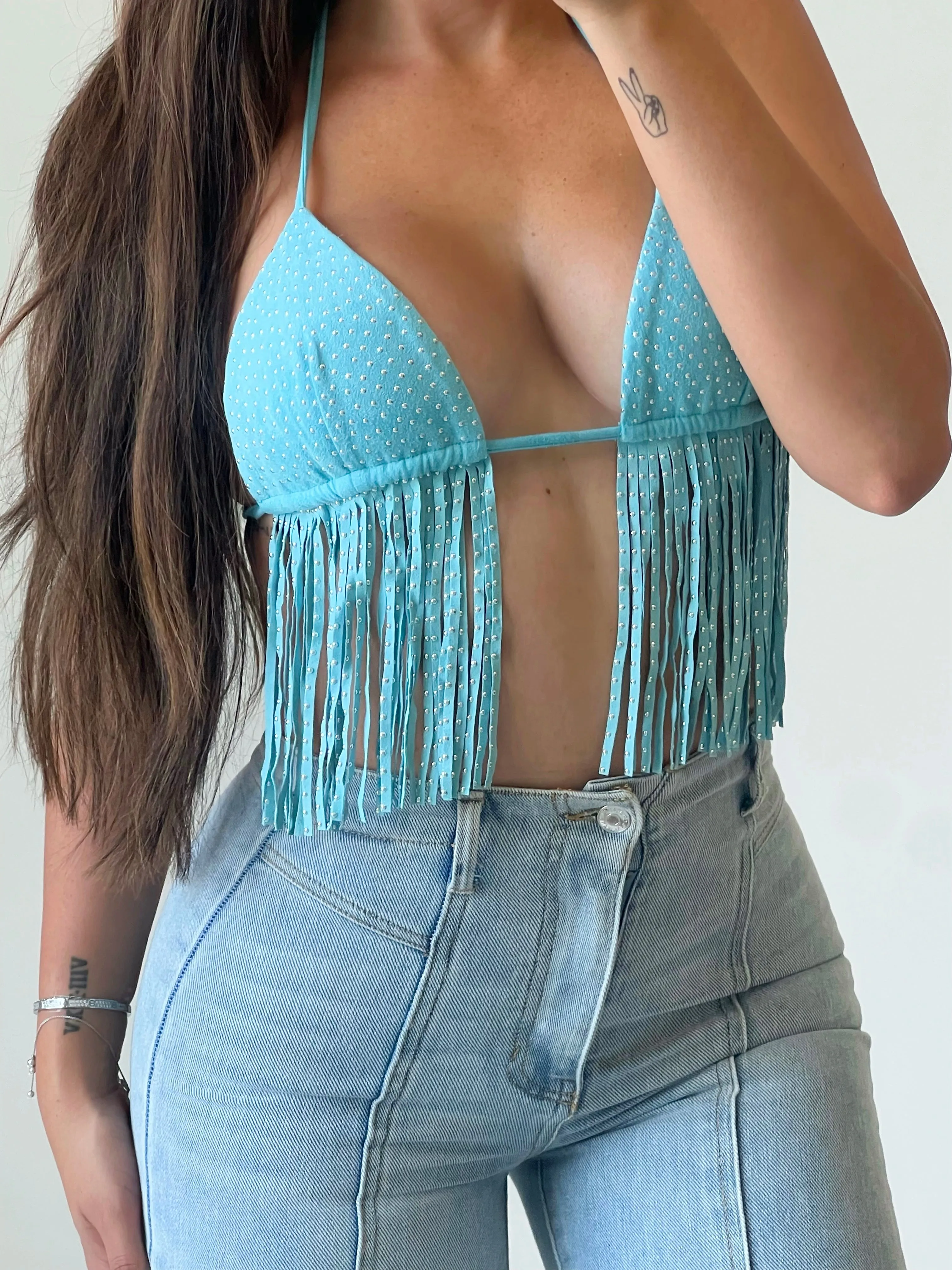 Carina Fringe Bikini Top (Aqua)