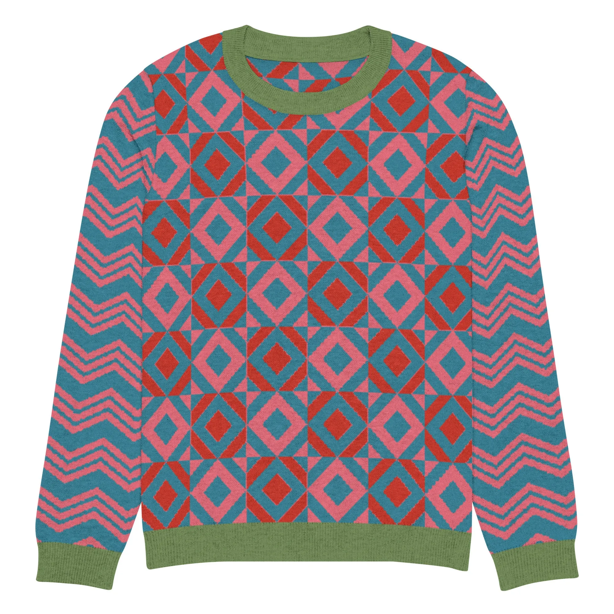 Cherry Lip Gloss Geometric Pattern Knitted Crewneck Sweater