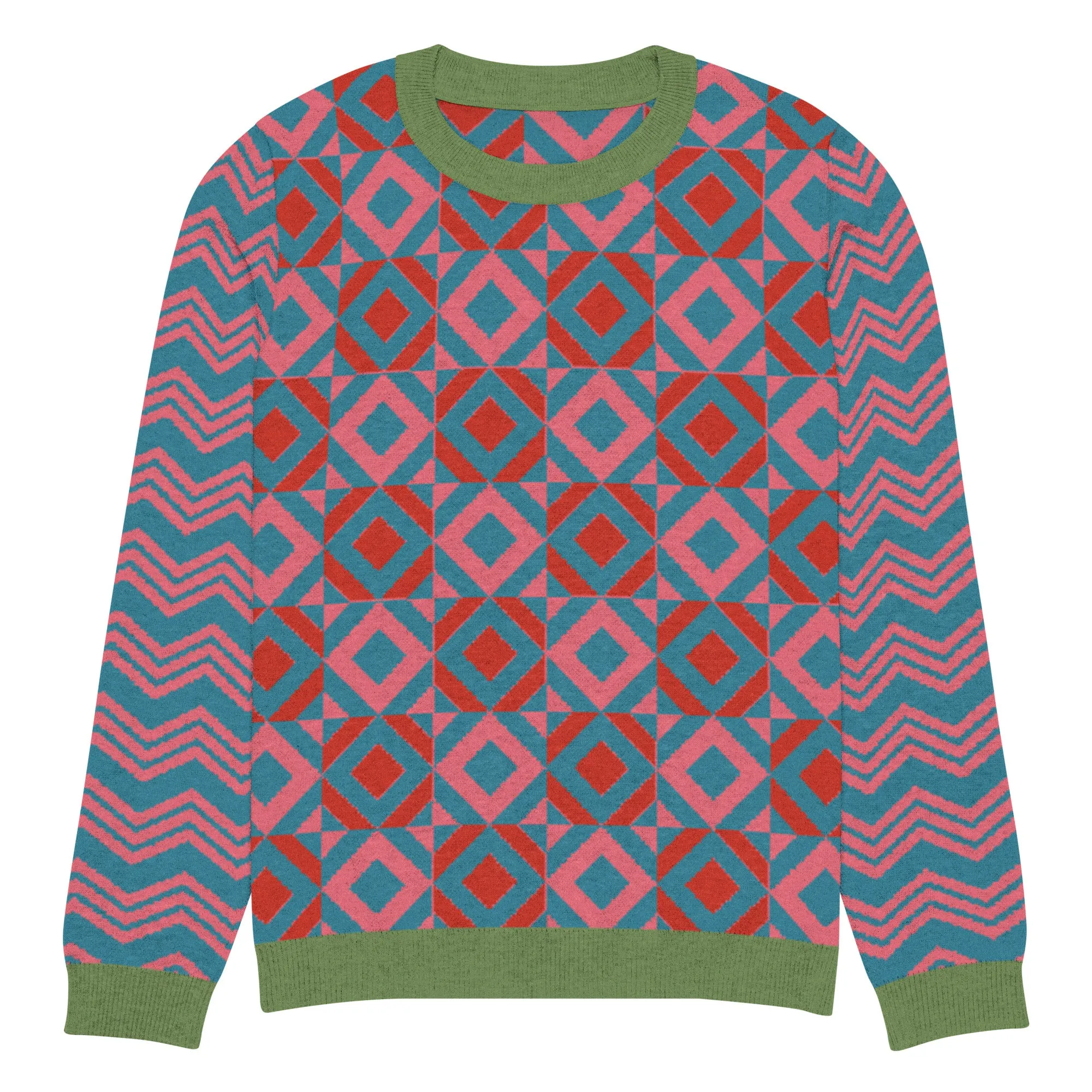 Cherry Lip Gloss Geometric Pattern Knitted Crewneck Sweater