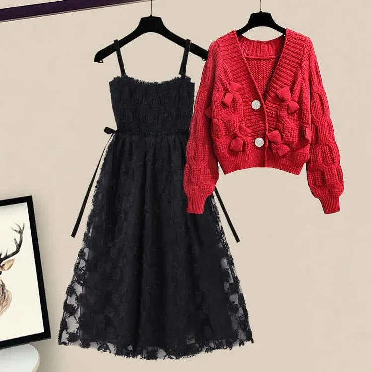 Chic Bow Decor Collar Cardigan Sweater Lace Slip Dress Two Piece Set