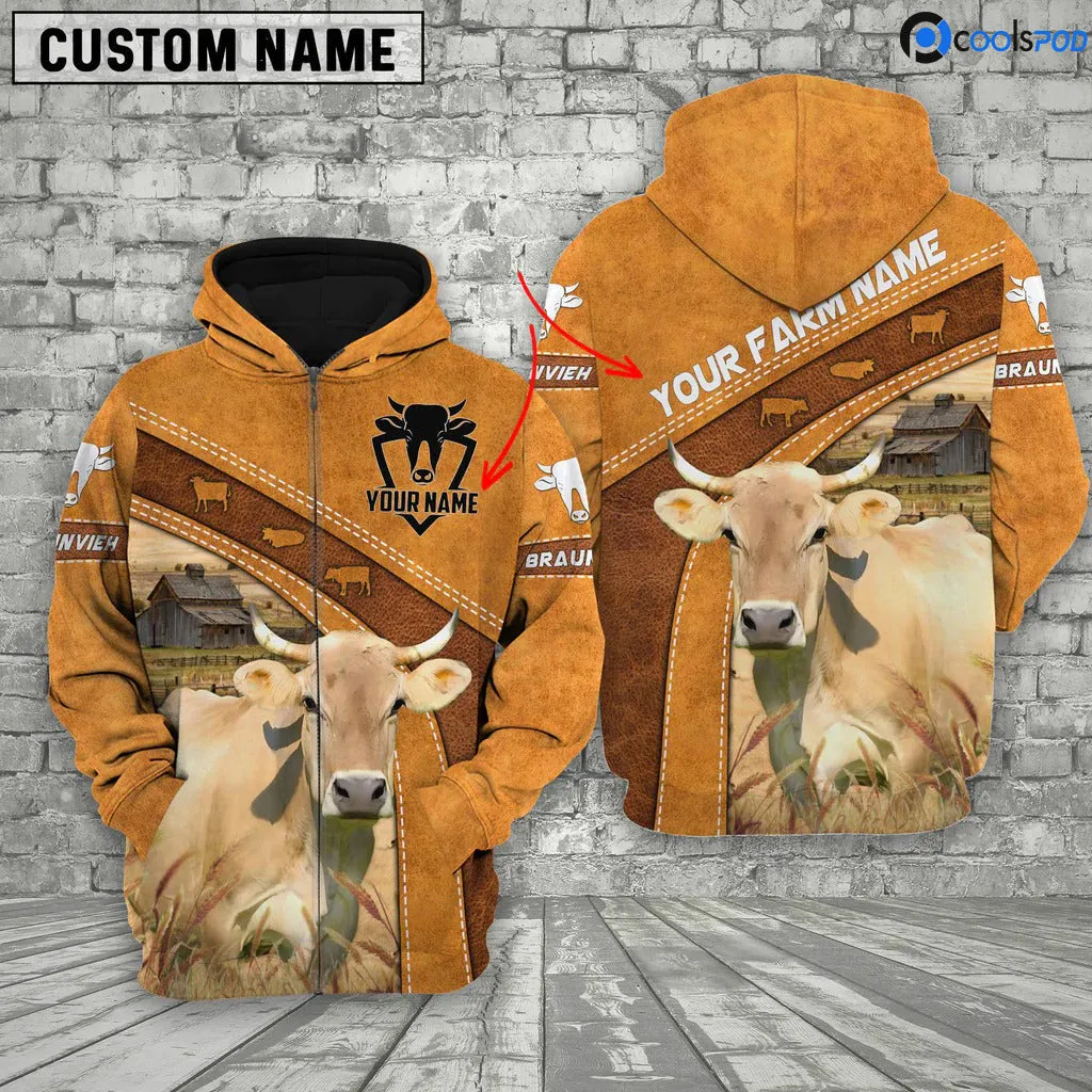 Custom Name Braunvieh Hoodie For Him Her, Farm Zip Hoodie, Farmer Gift, Cow Hoodie