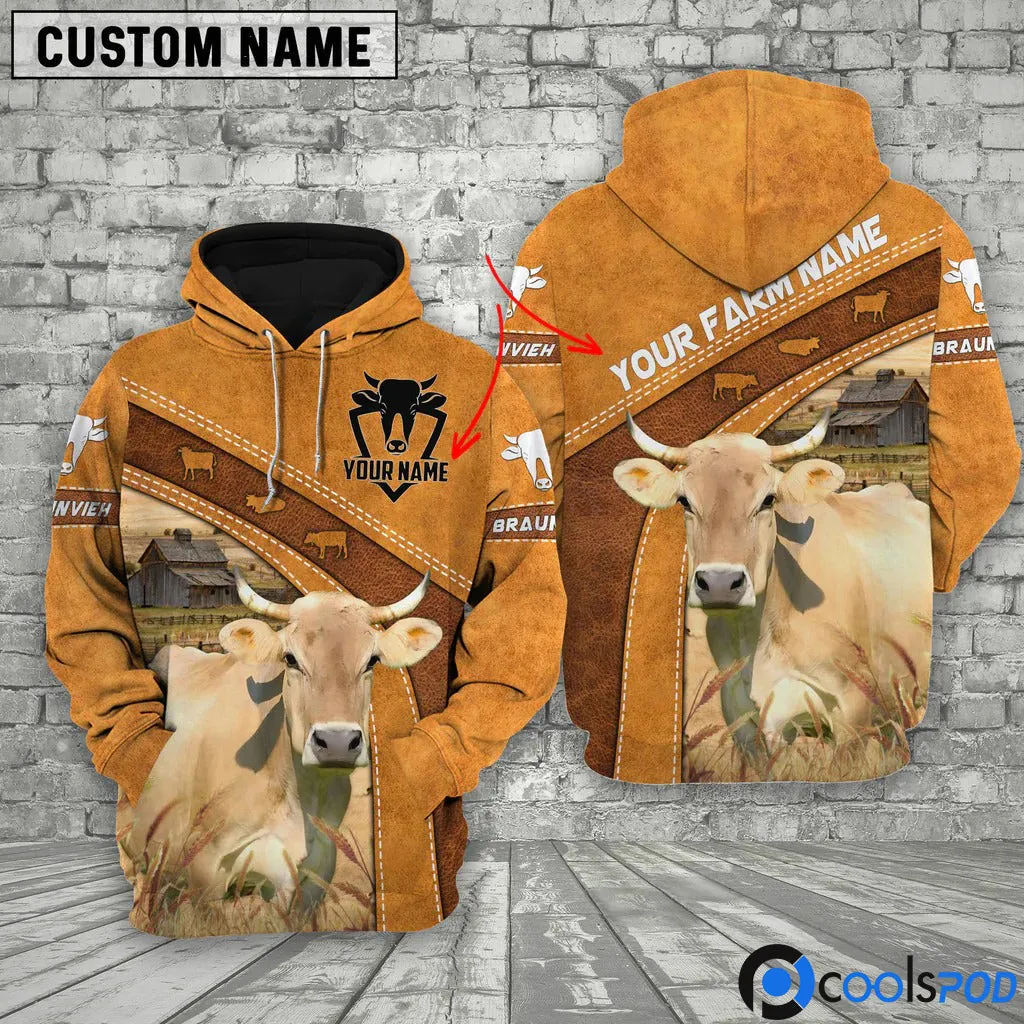 Custom Name Braunvieh Hoodie For Him Her, Farm Zip Hoodie, Farmer Gift, Cow Hoodie