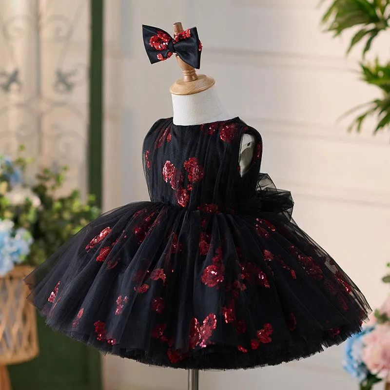 Elegant Noble Girl's Dress Sparkling Red Flower Dream Dress Little Princess's Starry Night