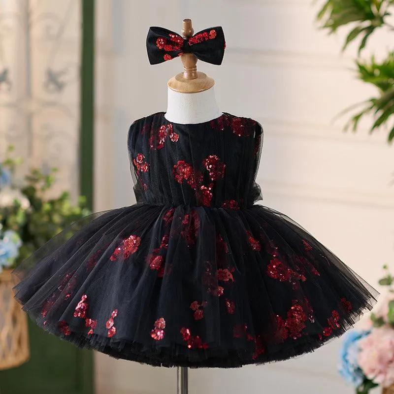 Elegant Noble Girl's Dress Sparkling Red Flower Dream Dress Little Princess's Starry Night