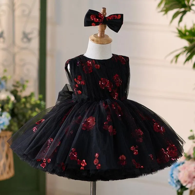 Elegant Noble Girl's Dress Sparkling Red Flower Dream Dress Little Princess's Starry Night